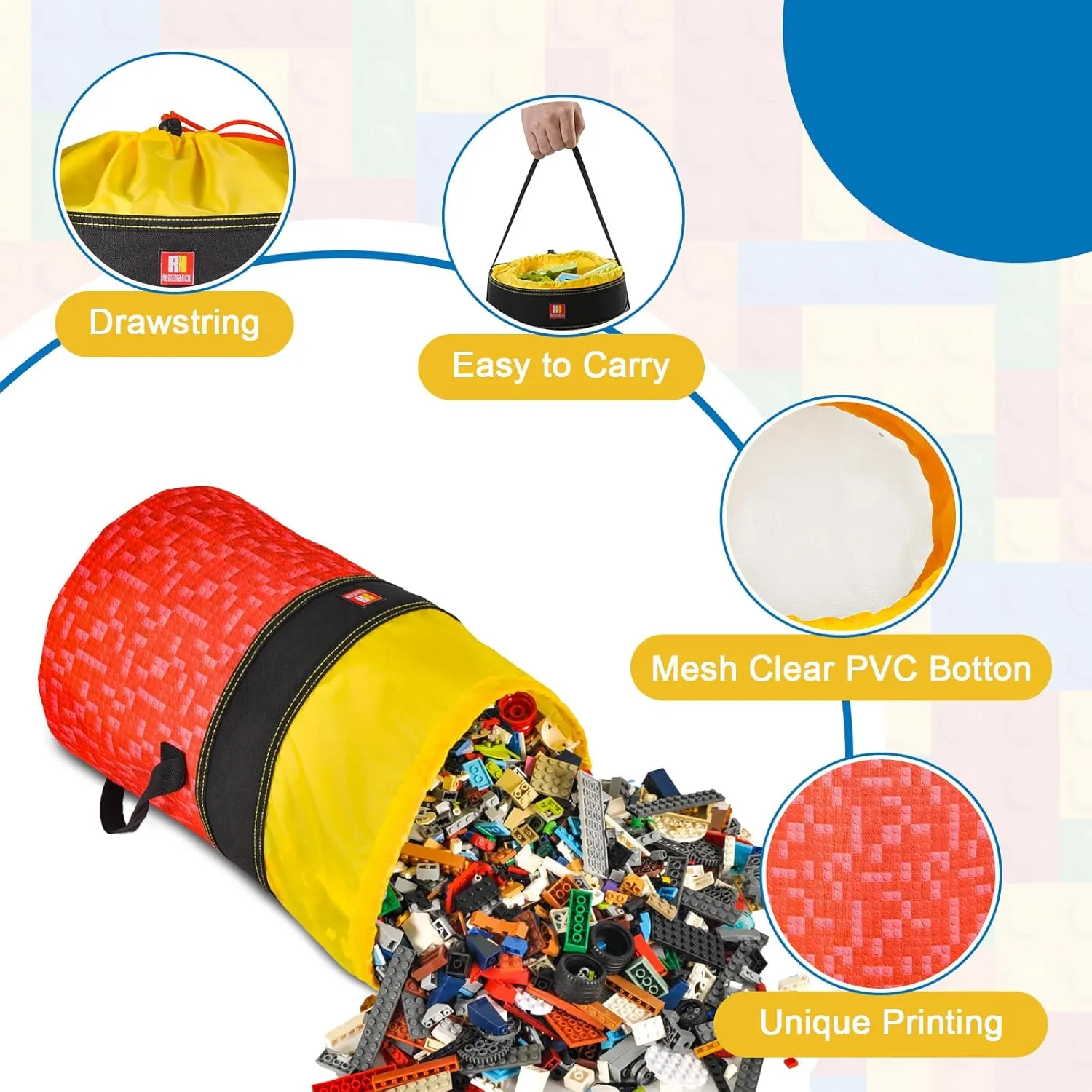Toy Storage Organizer Basket Bag with Drawstring for Buliding Bricks, Blockets,Puzzles,Lego,Playroom Cinch Bucket Carrying Bag (Red)