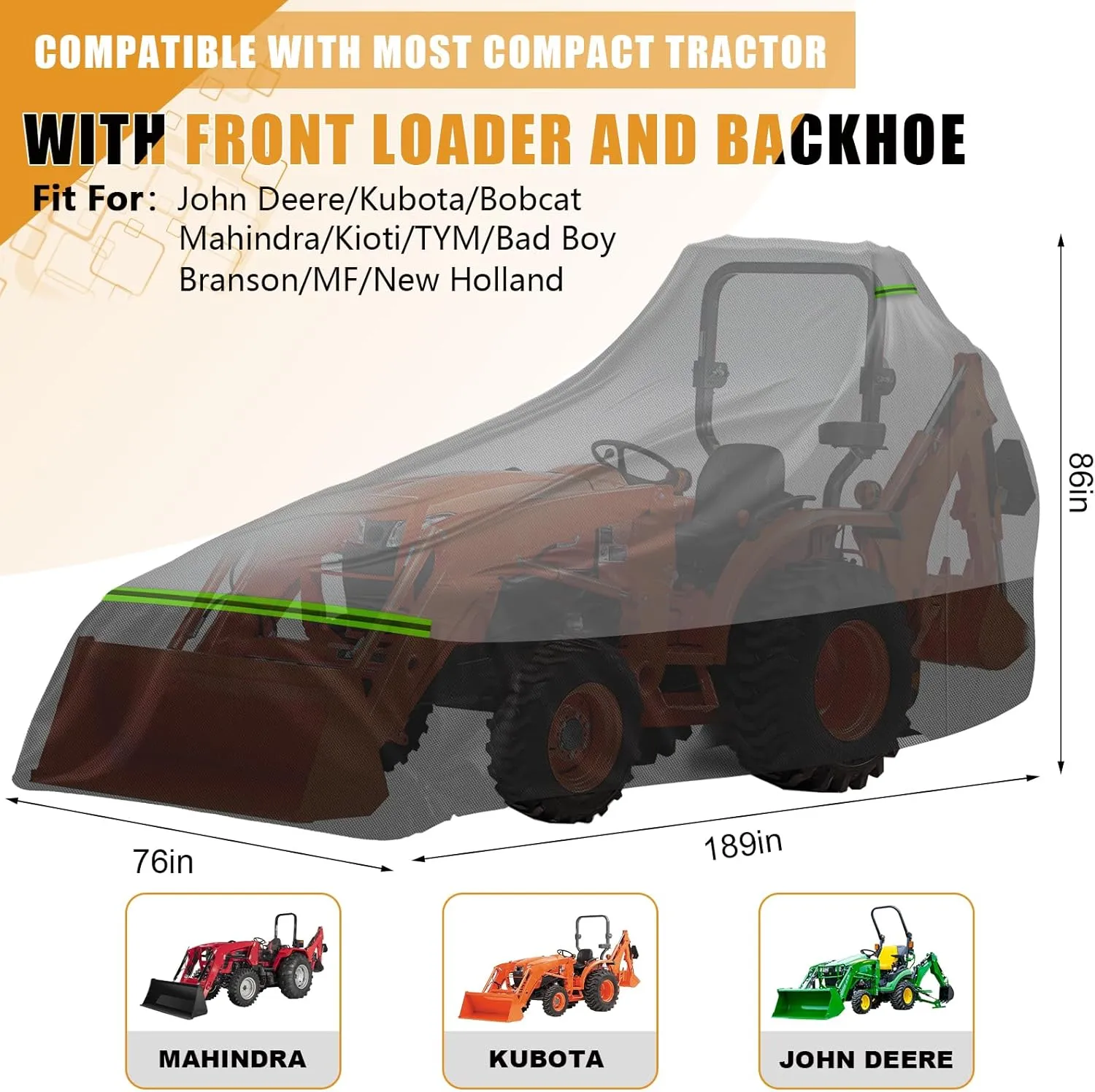 Tractor Cover for Most Compact Tractors with Front Loaders and Backhoes, Compatible with John Deere, Kubota, Mahindra, Heavy Duty 500D PVC with Air Vents & Reflective Strips, Gray