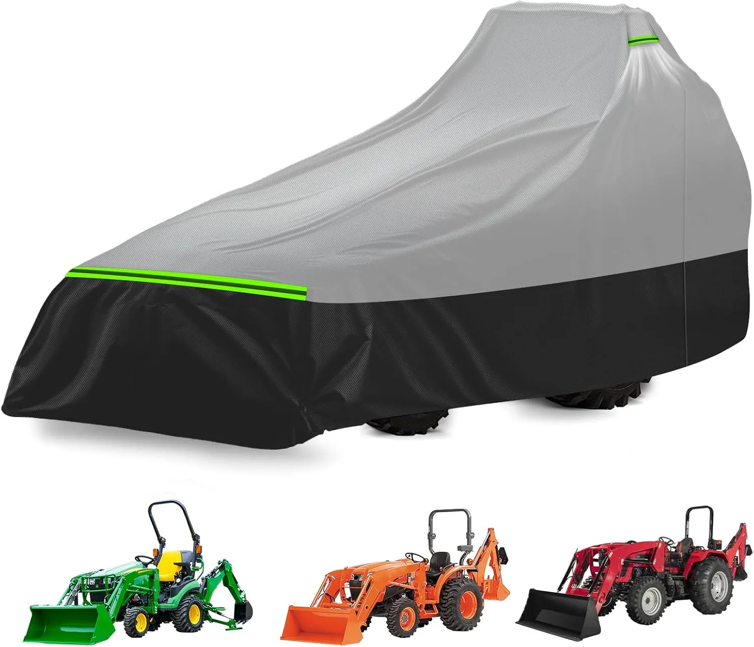 Tractor Cover for Most Compact Tractors with Front Loaders and Backhoes, Compatible with John Deere, Kubota, Mahindra, Heavy Duty 500D PVC with Air Vents & Reflective Strips, Gray