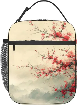 Traditional Japanese style landscape sakura fog and hills a vintage Insulated Iunch Bag for Men Woman Large Portable Waterproof Reusable Thermal Lunch Box with Pockets for Work Travel Picnic