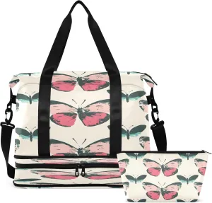 Travel Duffel Bag Brightly Colored Butterflies Gym Duffel Bag for Men & Women with Shoe & Wet Compartment Shoulder Weekender Overnight Bag