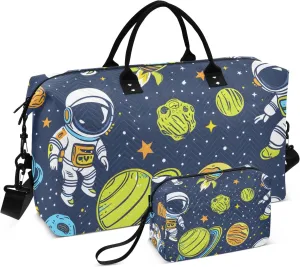 Travel Duffle Bag, Astronauts and Alien in Space Cartoon Gym Bag with Storage Bag Weekender Overnight Bag for Men Women Trip Sports Yoga