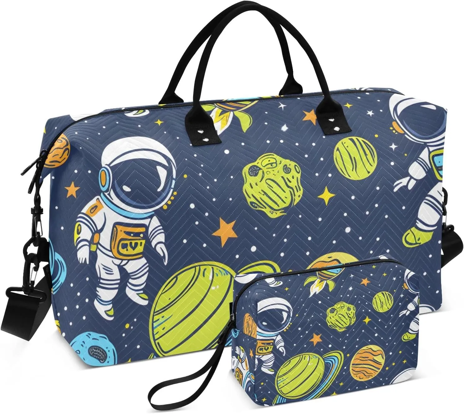 Travel Duffle Bag, Astronauts and Alien in Space Cartoon Gym Bag with Storage Bag Weekender Overnight Bag for Men Women Trip Sports Yoga