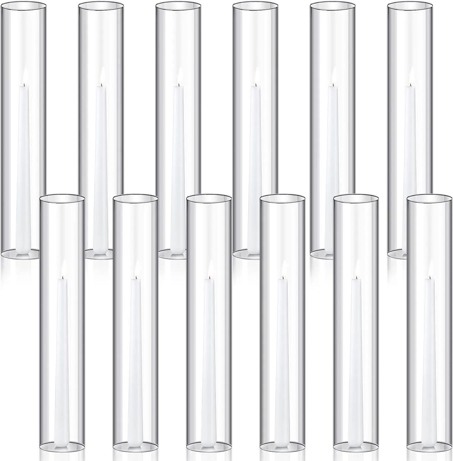 Treela 12 Pcs 2.5" W x 14" H Hurricane Candle Holder Sleeve Bottomless Glass Cylinder Candleholder Tall Candle Glass Cover Clear Open Ended Shade Chimney Tube Cover for Pillar Taper Lamp