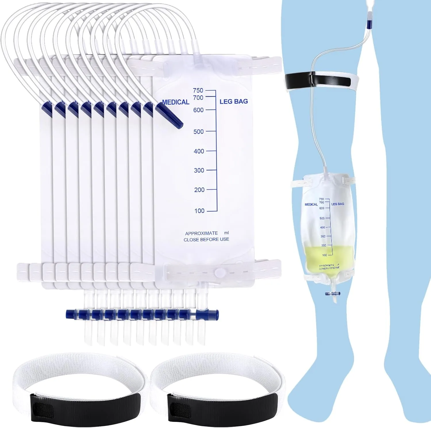 TrelaCo 10 Pcs Catheter Leg Bag for Men Urinary Drainage Leg Bag with Anti Reflux Valve Catheter with 2 Anti Slip Foley Bags Stabilization Device Holder for Men Women(750 ml)