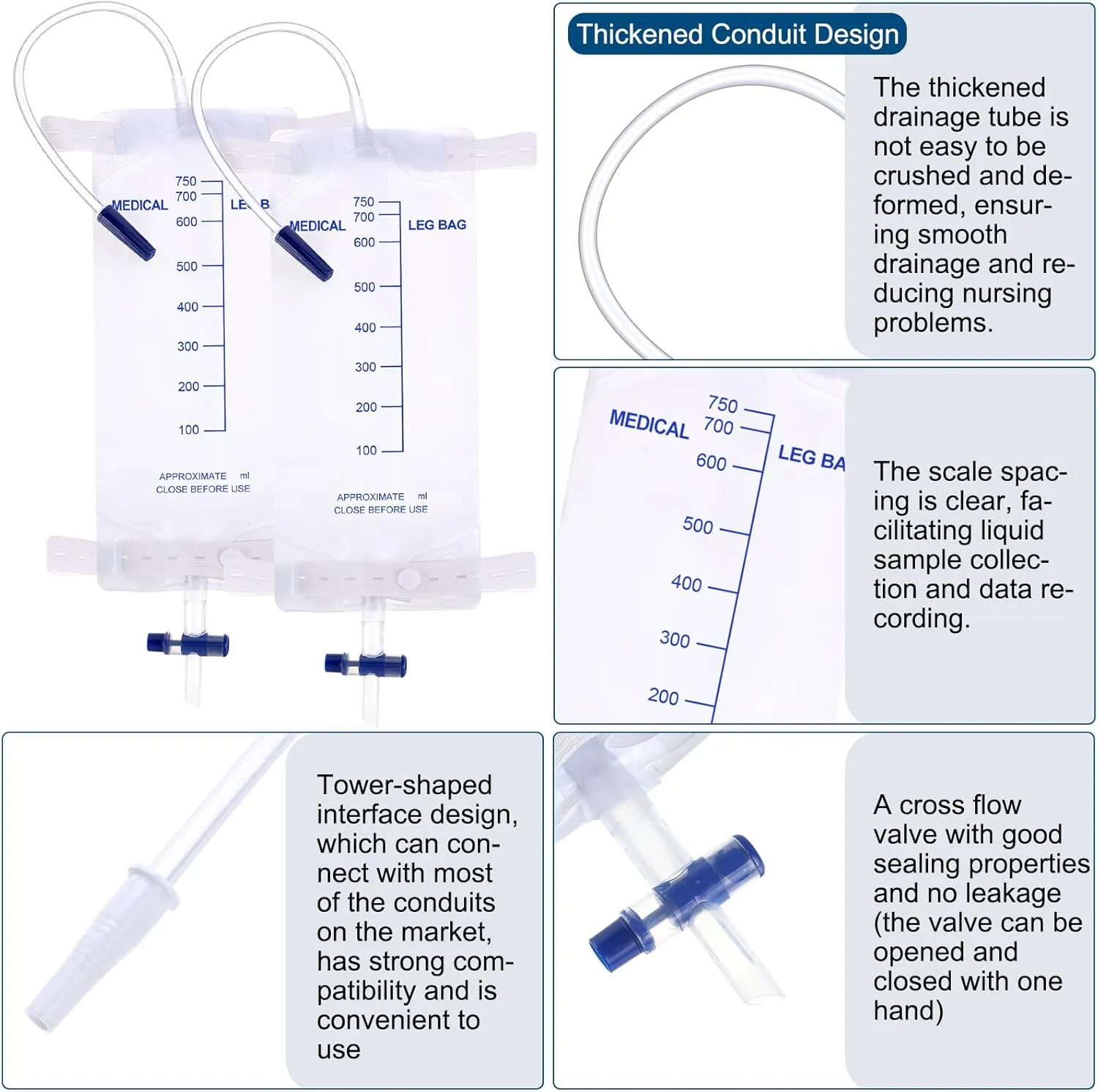TrelaCo 10 Pcs Catheter Leg Bag for Men Urinary Drainage Leg Bag with Anti Reflux Valve Catheter with 2 Anti Slip Foley Bags Stabilization Device Holder for Men Women(750 ml)