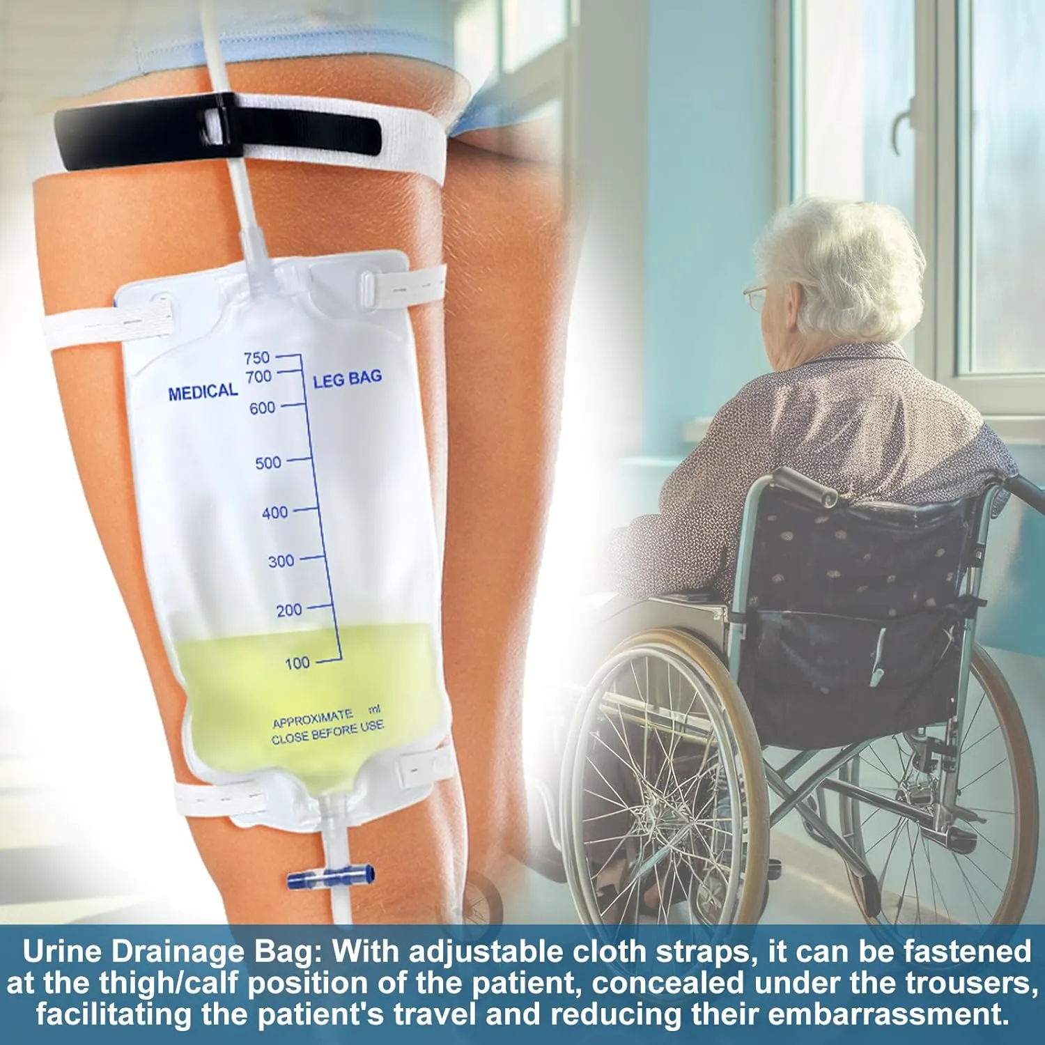 TrelaCo 10 Pcs Catheter Leg Bag for Men Urinary Drainage Leg Bag with Anti Reflux Valve Catheter with 2 Anti Slip Foley Bags Stabilization Device Holder for Men Women(750 ml)