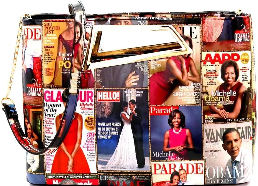 Trendeology Classy Michelle Obama Magazine Cover Print Vegan Leather Patent Large Cut-out Handle Clutch Purse