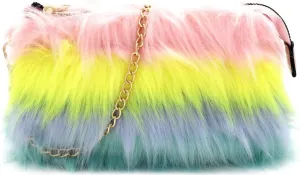 Trendeology Neon Multicolor Fluffy Faux-Fur Girls Womens Small Cute Phone Crossbody Bag Clutch Purse