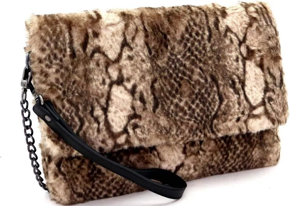 Trendeology Snake Print Smooth Faux Fur Large Oversize Flap Clutch Shoulder Bag Crossbody