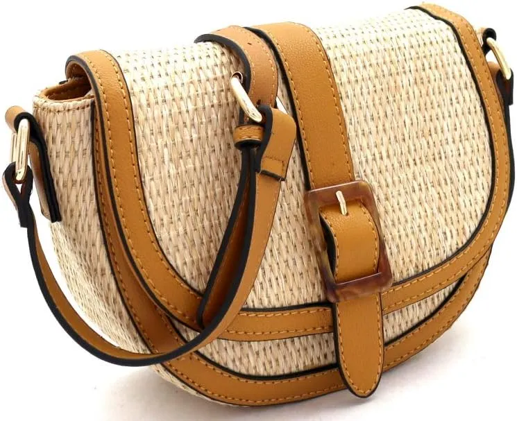 Trendeology Womens Classy Straw Rattan Vegan Leather Flap Saddle Satchel Flap Crossbody Purse Bag