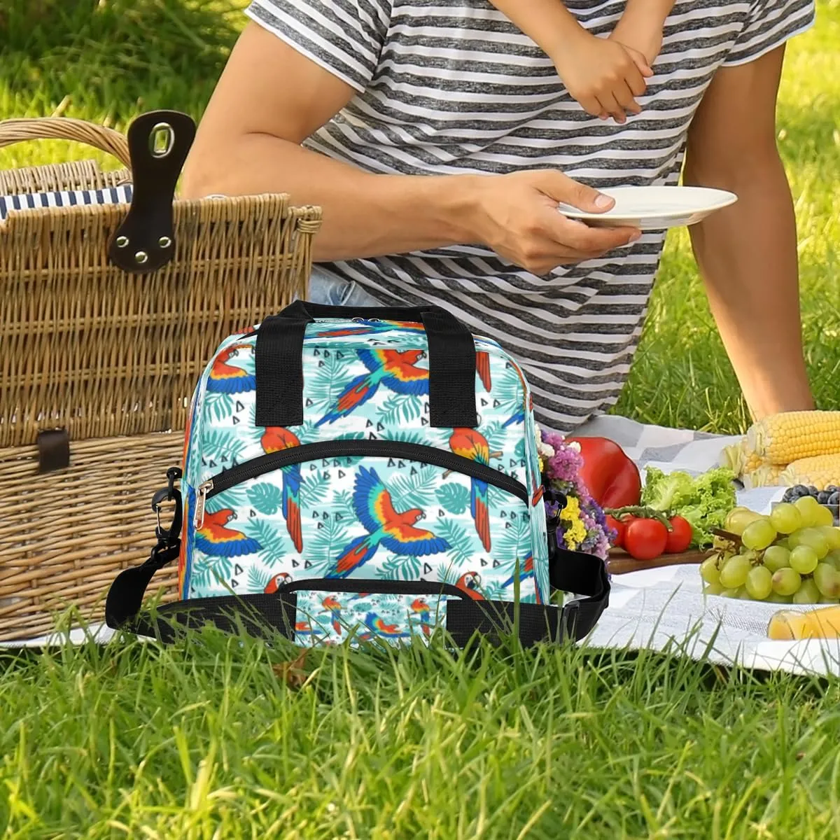 Tropical Parrot Pattern Insulated Lunch Bag for Women Men, Reusable Lunch Box Container with Adjustable Shoulder Strap Large Leakproof Thermal Lunch Cooler Bag for Adult Work Picnic Office