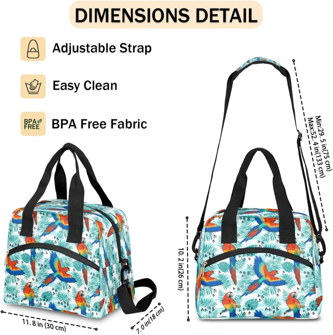 Tropical Parrot Pattern Insulated Lunch Bag for Women Men, Reusable Lunch Box Container with Adjustable Shoulder Strap Large Leakproof Thermal Lunch Cooler Bag for Adult Work Picnic Office