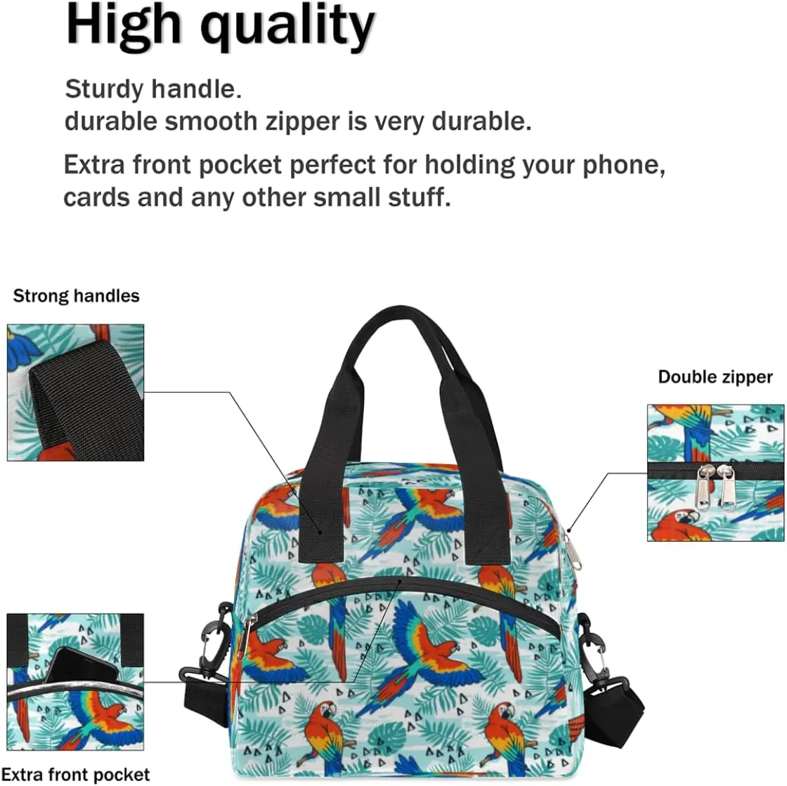 Tropical Parrot Pattern Insulated Lunch Bag for Women Men, Reusable Lunch Box Container with Adjustable Shoulder Strap Large Leakproof Thermal Lunch Cooler Bag for Adult Work Picnic Office