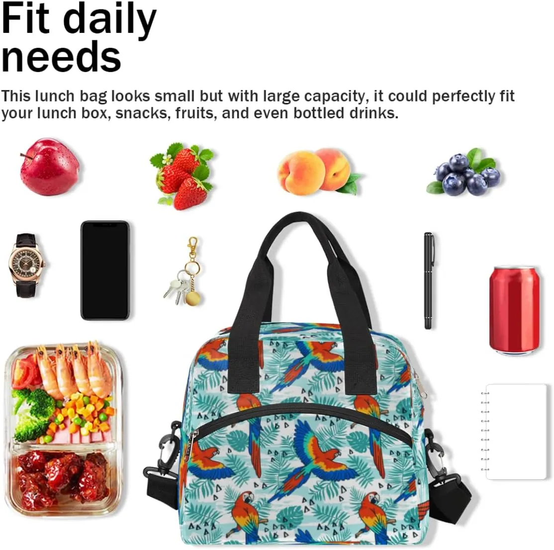 Tropical Parrot Pattern Insulated Lunch Bag for Women Men, Reusable Lunch Box Container with Adjustable Shoulder Strap Large Leakproof Thermal Lunch Cooler Bag for Adult Work Picnic Office