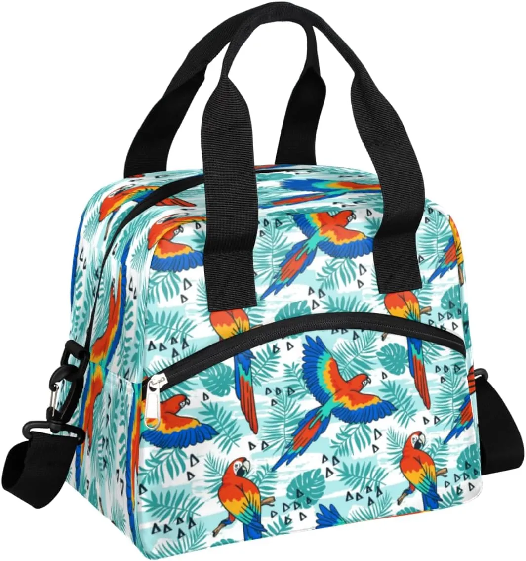 Tropical Parrot Pattern Insulated Lunch Bag for Women Men, Reusable Lunch Box Container with Adjustable Shoulder Strap Large Leakproof Thermal Lunch Cooler Bag for Adult Work Picnic Office
