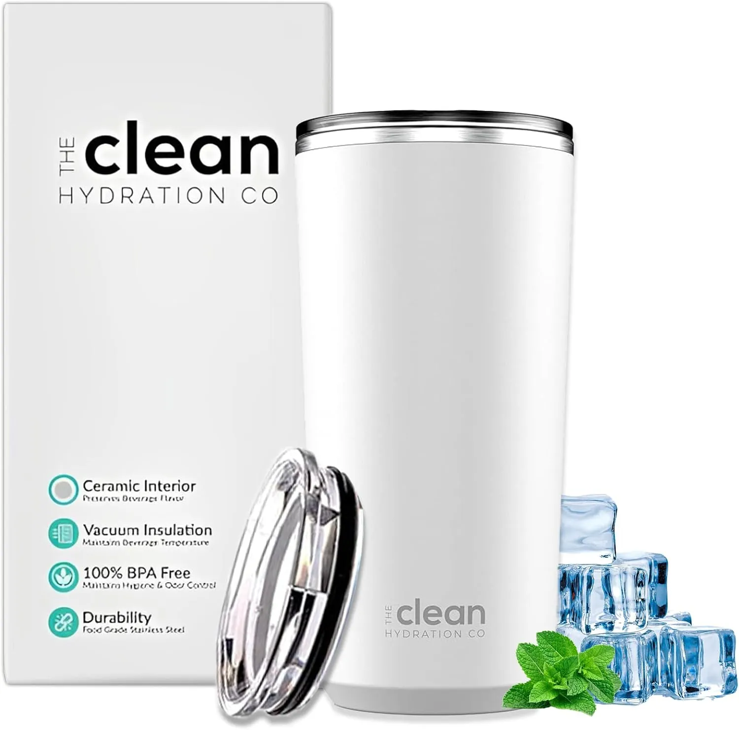 Tumbler Insulated with Lid, Double-Wall Vacuum, 20 Oz Travel, Office Tumbler, Hot & Cold Drinks, Ceramic Interior, Spill-Proof, BPA-Free, No Metal Taste (White)