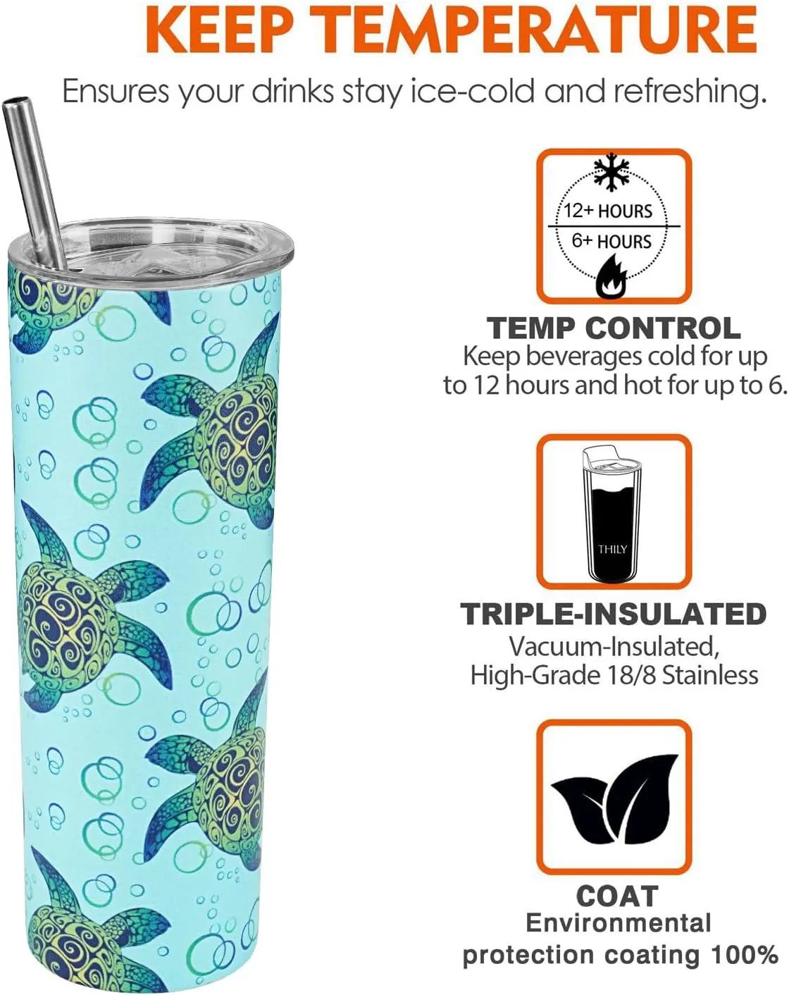 Turtle Gifts for Women Turtle Tumbler With Lid and Straw Stainless Steel 20oz Skinny Tumbler Insulated Stuff Water Bottle Cups Travel Coffee Mug