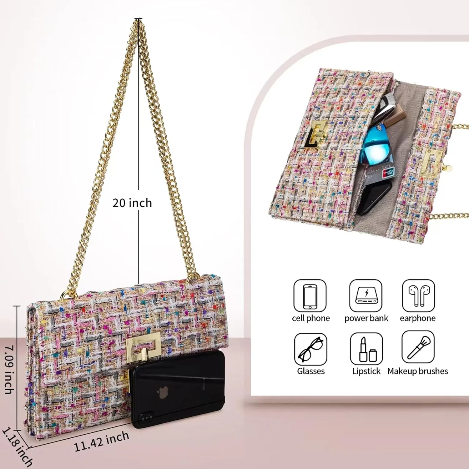 Tweed Clutch Purse Women Fashion Evening Bag Handbag Boho Tweed Envelope Wallet Fold Over Chain Crossbody Shoulder Bag