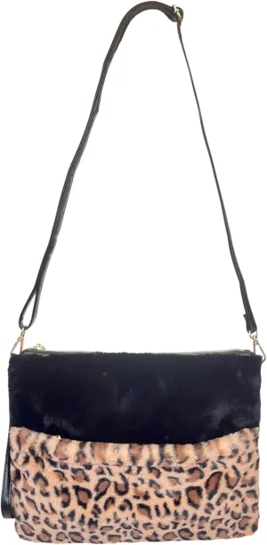 Two Toned Faux Fur Crossbody Bag - Wristlet Purse, Fluffy Fuzzy Shoulder Handbag - Zippered Furry Clutch Adjustable Strap