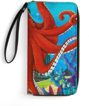 Underwater Castle Octopus Women’s Wallet Zippered Long Clutch Purse Leather Handbag with Wristlet Strap