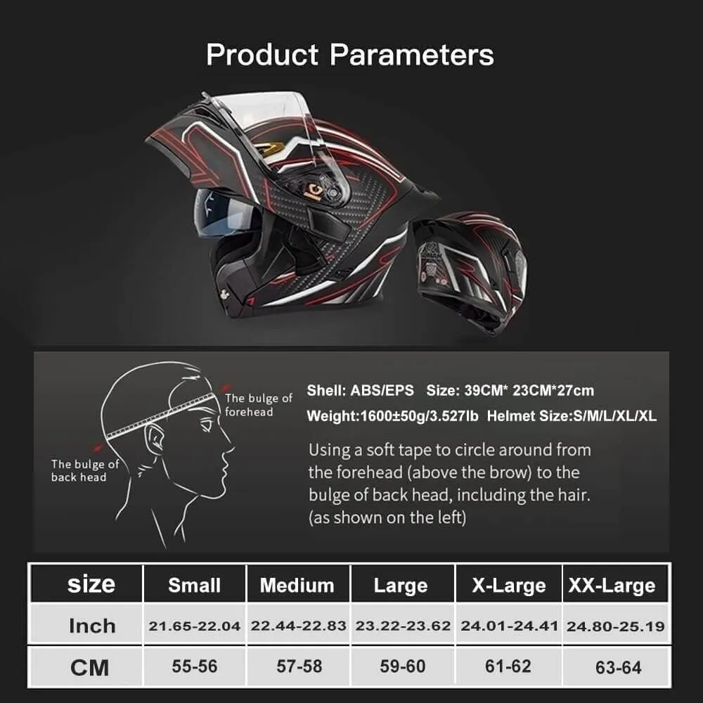 Unisex Adult Flip-Up Motorcycle Helmet, Carbon Fiber, Anti-Fog Visor, Aerodynamic Design, Integrated Bluetooth, DOT Approved, Sizes S-XXL