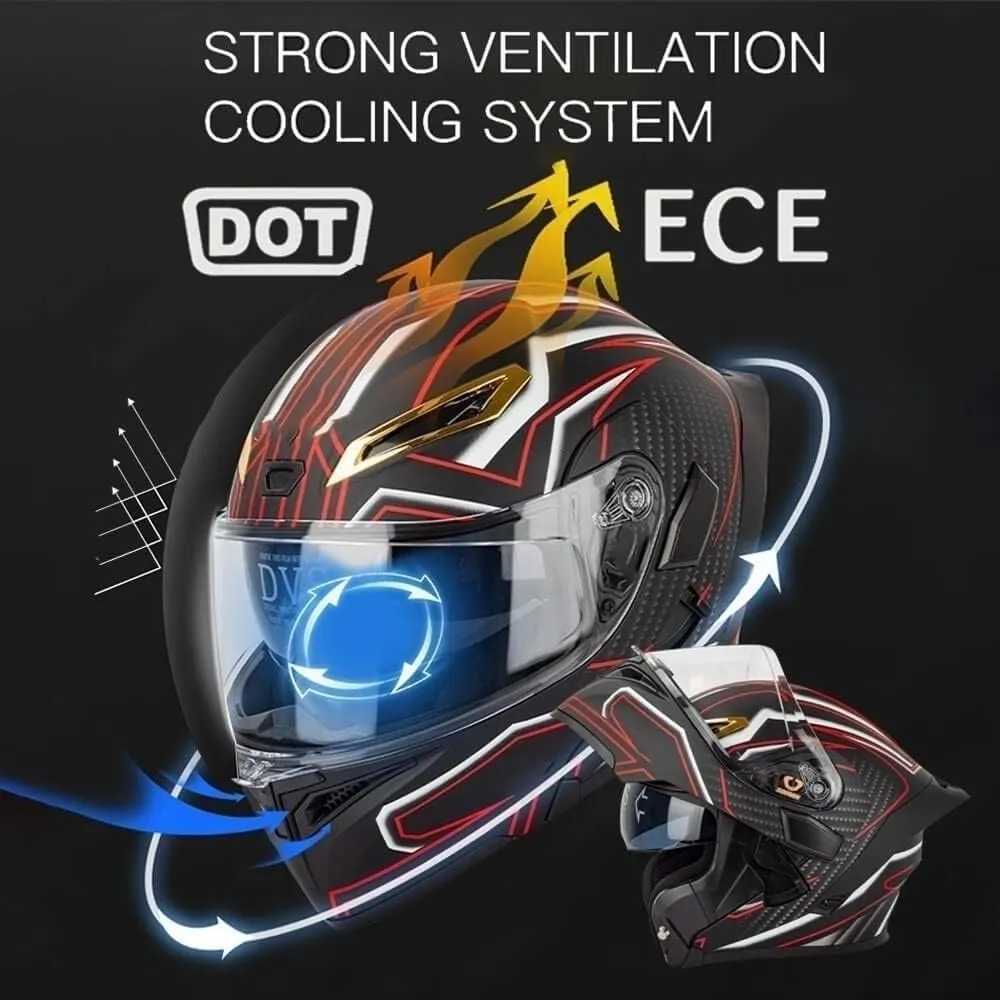Unisex Adult Flip-Up Motorcycle Helmet, Carbon Fiber, Anti-Fog Visor, Aerodynamic Design, Integrated Bluetooth, DOT Approved, Sizes S-XXL