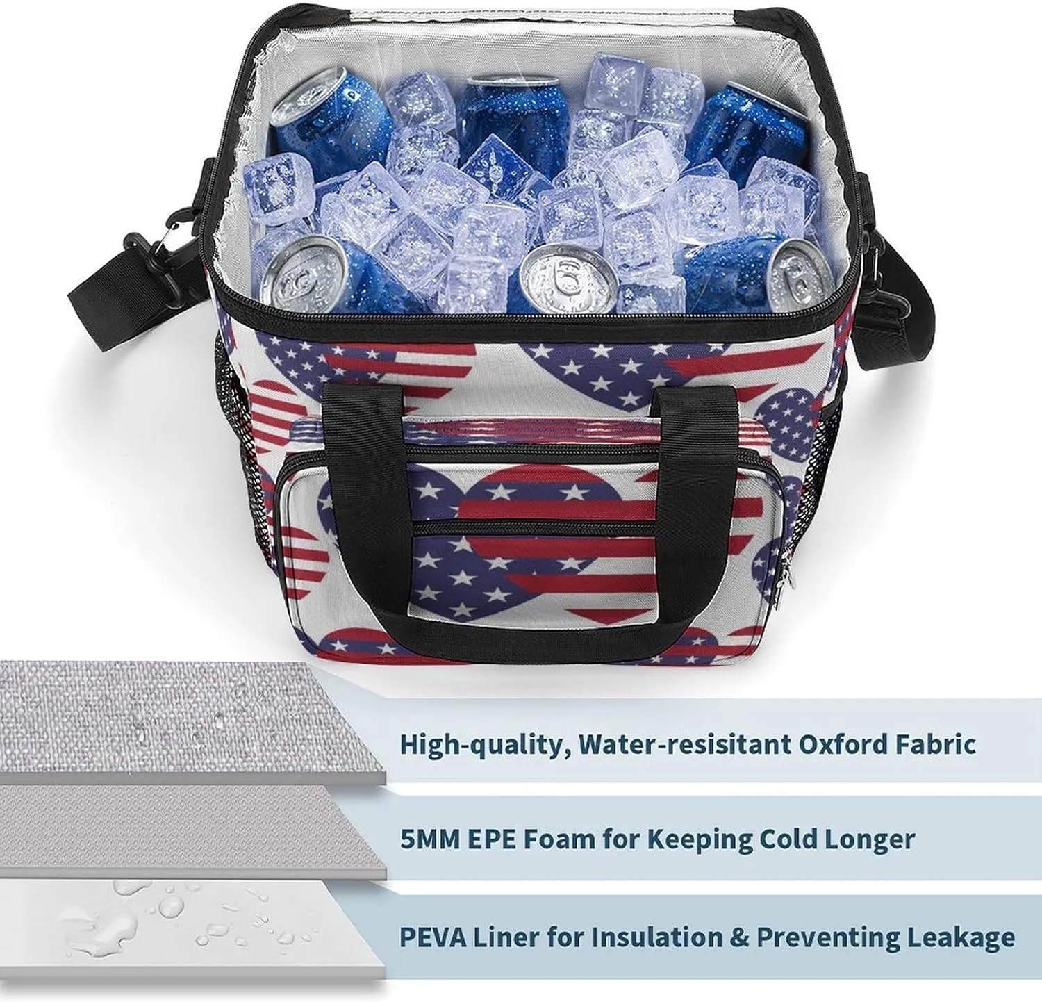 United States Flag Portable 22.5L Soft Cooler Bag for Car Camping Square Unique Leakproof Ice Chest with Adjustable Strap Insulated Lunch Box for Work Hiking Picnic
