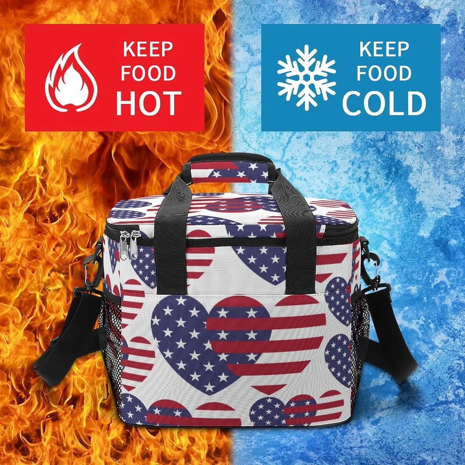 United States Flag Portable 22.5L Soft Cooler Bag for Car Camping Square Unique Leakproof Ice Chest with Adjustable Strap Insulated Lunch Box for Work Hiking Picnic