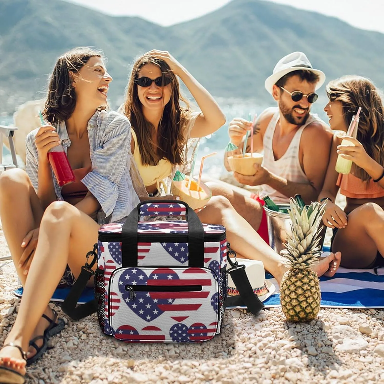 United States Flag Portable 22.5L Soft Cooler Bag for Car Camping Square Unique Leakproof Ice Chest with Adjustable Strap Insulated Lunch Box for Work Hiking Picnic