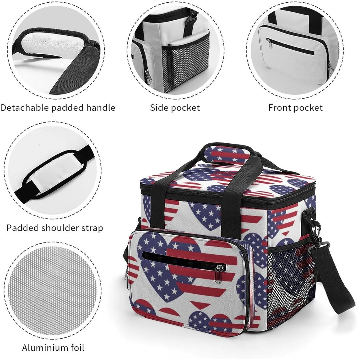 United States Flag Portable 22.5L Soft Cooler Bag for Car Camping Square Unique Leakproof Ice Chest with Adjustable Strap Insulated Lunch Box for Work Hiking Picnic