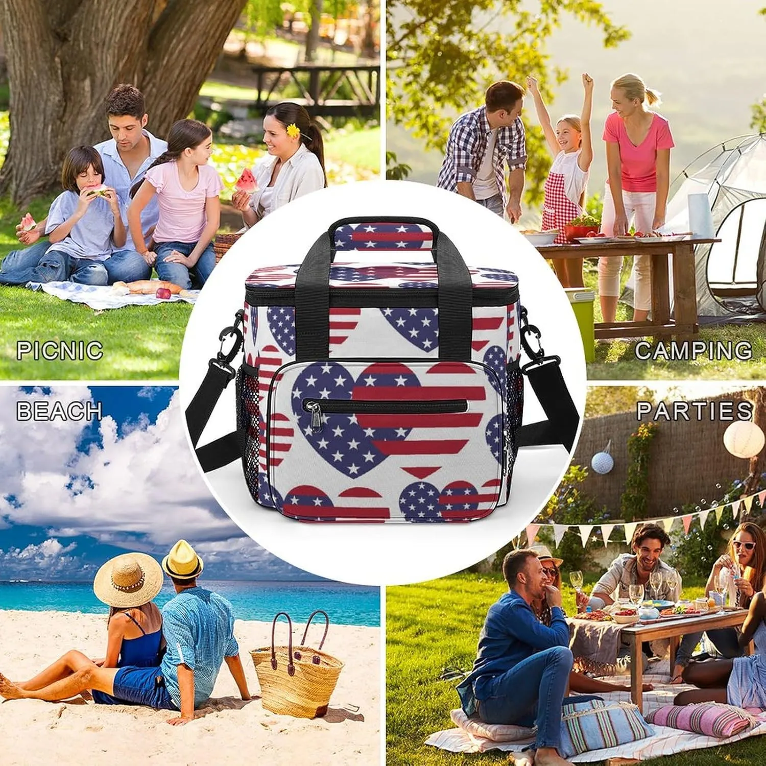 United States Flag Portable 22.5L Soft Cooler Bag for Car Camping Square Unique Leakproof Ice Chest with Adjustable Strap Insulated Lunch Box for Work Hiking Picnic