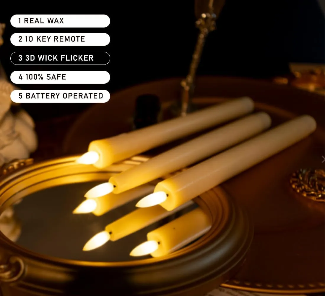 Upgraded Real Wax LED Flameless Taper Candles with Remote, 6 PCS Ivory Dripping Candlesticks Battery Operated 3D Flickering - 9.6" Long Realistic Fake Candle Sticks for Home/Wedding/Xmas Decor