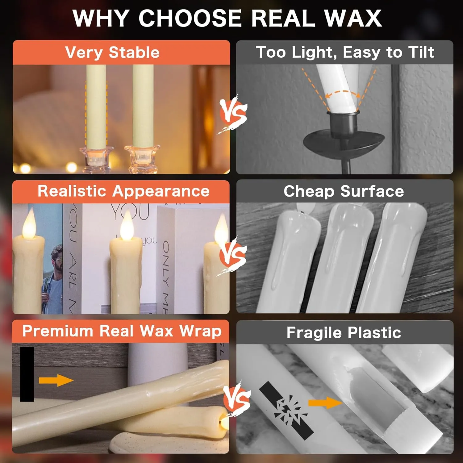 Upgraded Real Wax LED Flameless Taper Candles with Remote, 6 PCS Ivory Dripping Candlesticks Battery Operated 3D Flickering - 9.6" Long Realistic Fake Candle Sticks for Home/Wedding/Xmas Decor
