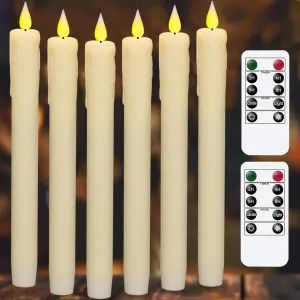 Upgraded Real Wax LED Flameless Taper Candles with Remote, 6 PCS Ivory Dripping Candlesticks Battery Operated 3D Flickering - 9.6" Long Realistic Fake Candle Sticks for Home/Wedding/Xmas Decor