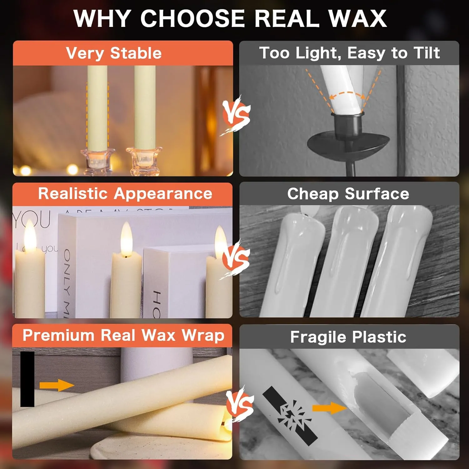 Upgraded Real Wax LED Flameless Taper Candles with Remote, KSWING 6 PCS Ivory Candlesticks Battery Operated 3D Flickering - 9.6" Long Realistic Fake Candle Sticks for Home/Wedding/Fireplace Xmas Decor
