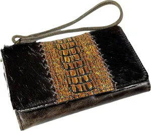 Urbalabs Cowhair Genuine Leather Women Western Wallets Clutch Bag Leather Fringe Purse Cell Phone Holder Pouch Tooled Wallet For Women Cowgirl Small Clutch Hand Stitched (Deep Brown)