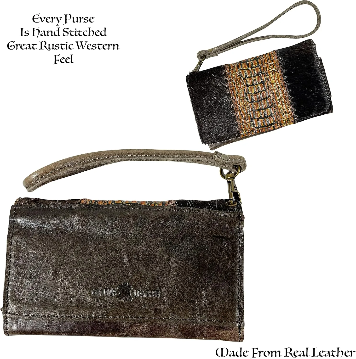 Urbalabs Cowhair Genuine Leather Women Western Wallets Clutch Bag Leather Fringe Purse Cell Phone Holder Pouch Tooled Wallet For Women Cowgirl Small Clutch Hand Stitched (Deep Brown)