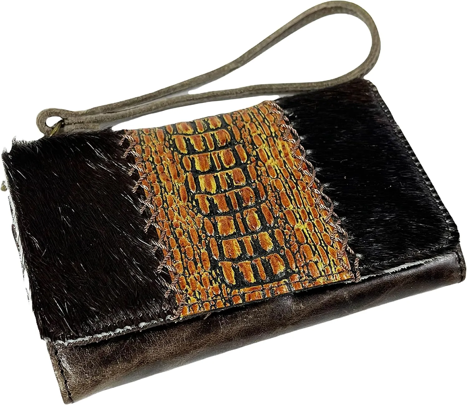 Urbalabs Cowhair Genuine Leather Women Western Wallets Clutch Bag Leather Fringe Purse Cell Phone Holder Pouch Tooled Wallet For Women Cowgirl Small Clutch Hand Stitched (Deep Brown)