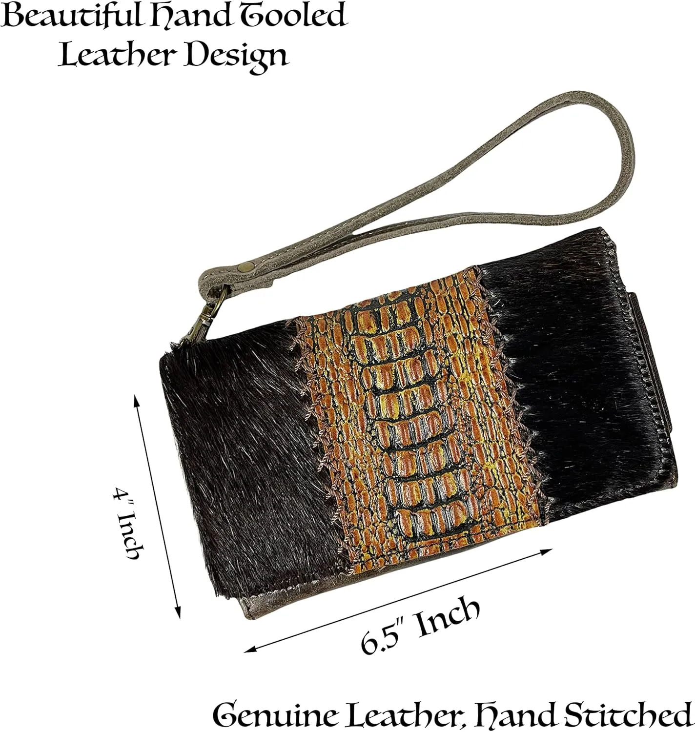 Urbalabs Cowhair Genuine Leather Women Western Wallets Clutch Bag Leather Fringe Purse Cell Phone Holder Pouch Tooled Wallet For Women Cowgirl Small Clutch Hand Stitched (Deep Brown)