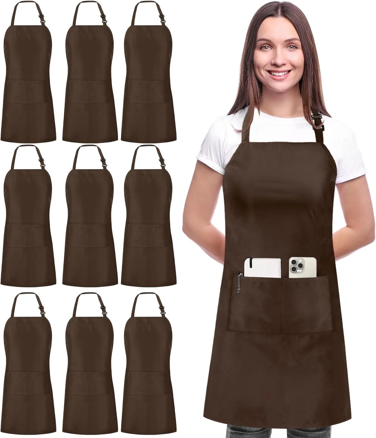 Utopia Kitchen 10 Pack Bib Apron Adjustable with 2 Pockets, Water and Oil Resistant, Cooking Kitchen Chef Apron for Women Men