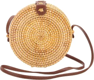 uxcell Round Rattan Bag for Women, Handmade Straw Crossbody Bags, Summer Purses with Brown Lining, Circle Shoulder Bag, Coffee