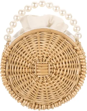 uxcell Women Straw Crossbody Bag, Round Rattan Bag Straw Clutch Purse Rattan Woven Handbag Rattan Tote Bags with Hard Handle for Summer Beach Travel