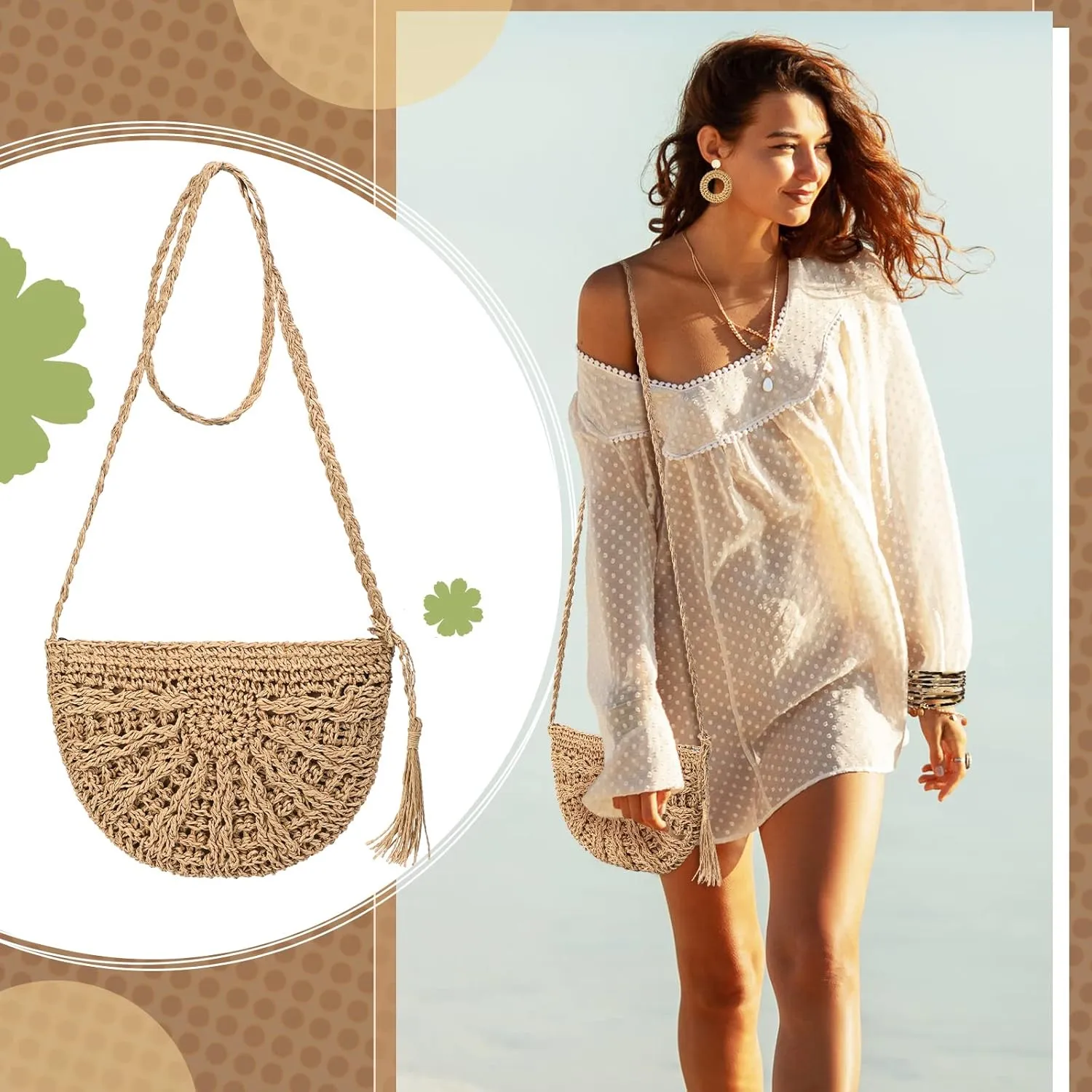 Vacation Purse Set Boho Straw Shoulder Bag Women Crossbody Beach Purse with 4 Rattan Tropical Earrings Leopard Bracelet