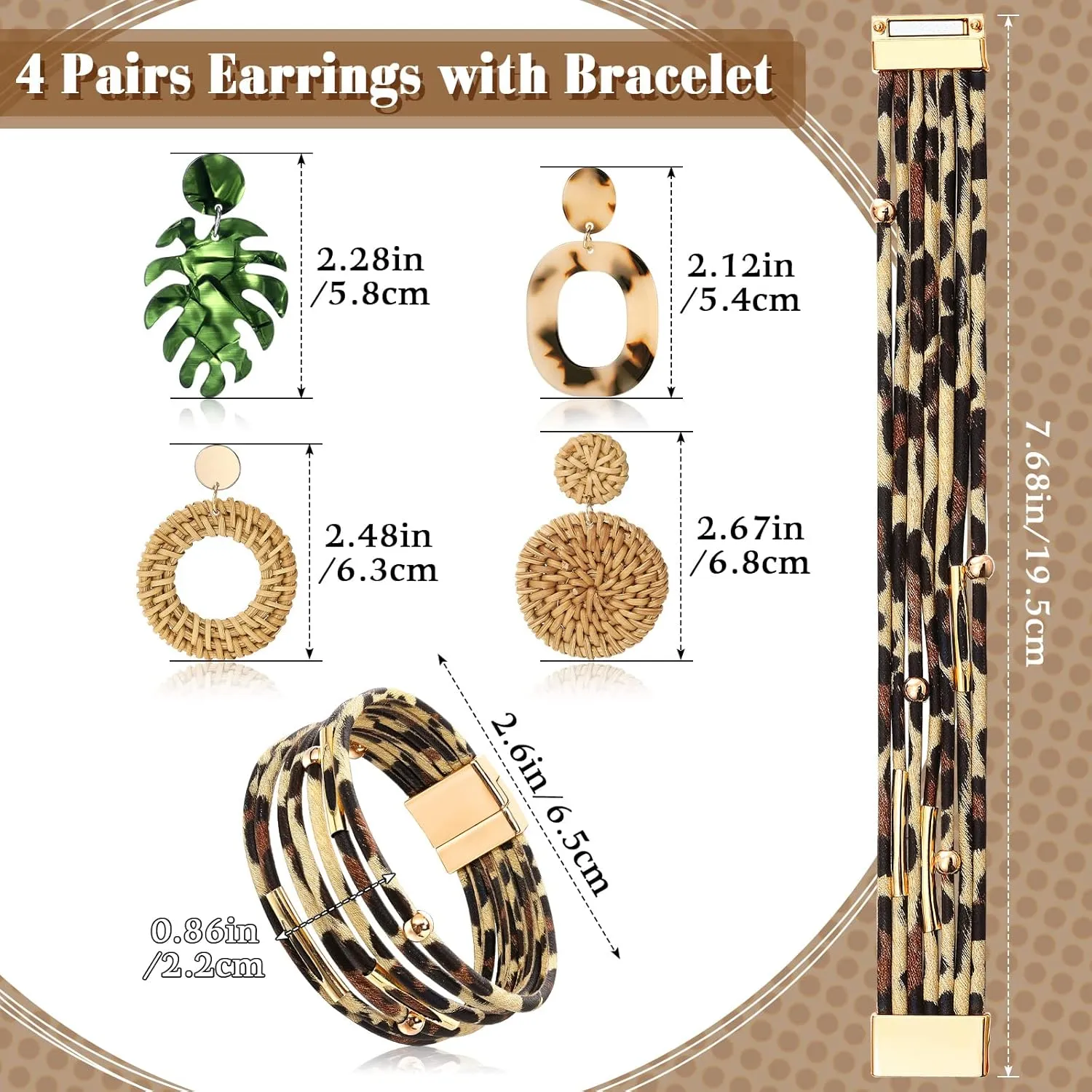 Vacation Purse Set Boho Straw Shoulder Bag Women Crossbody Beach Purse with 4 Rattan Tropical Earrings Leopard Bracelet