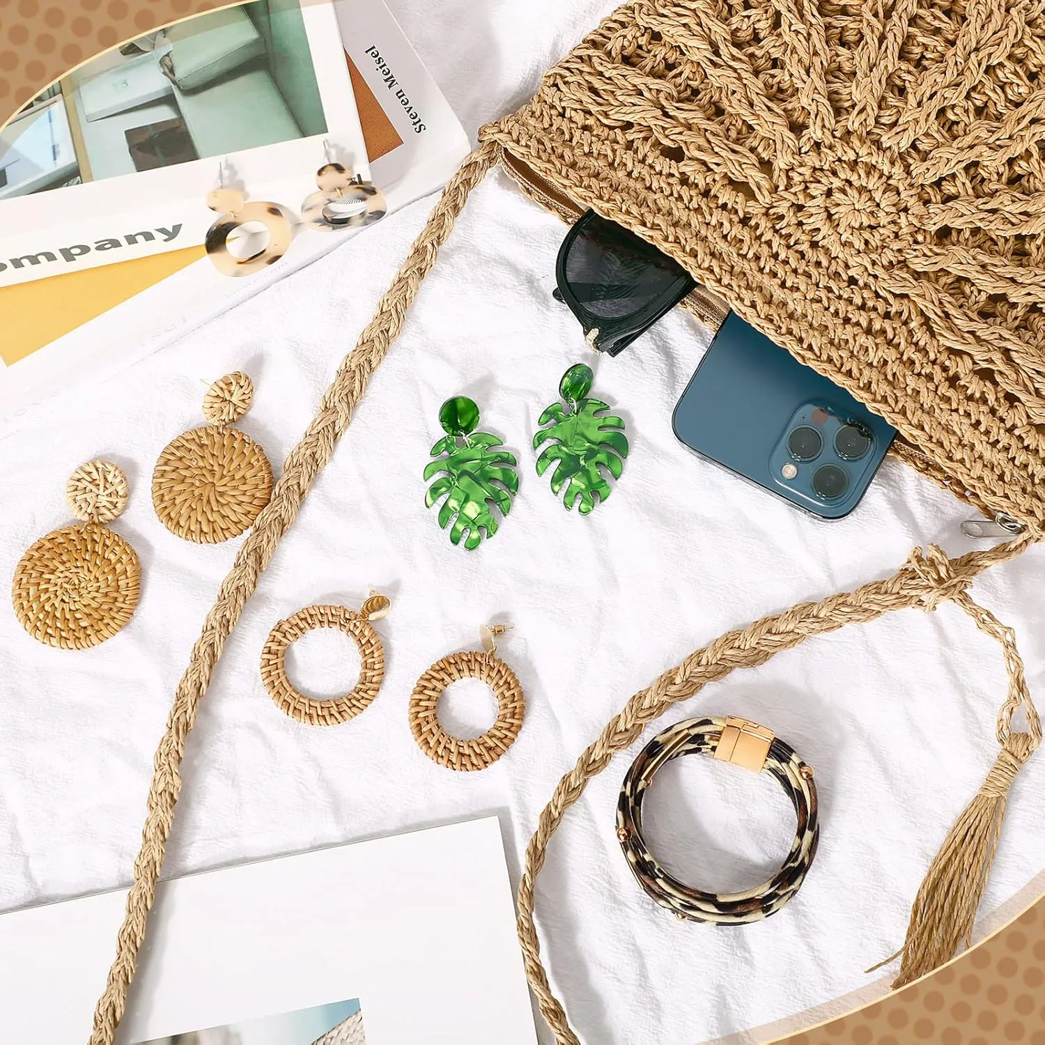 Vacation Purse Set Boho Straw Shoulder Bag Women Crossbody Beach Purse with 4 Rattan Tropical Earrings Leopard Bracelet