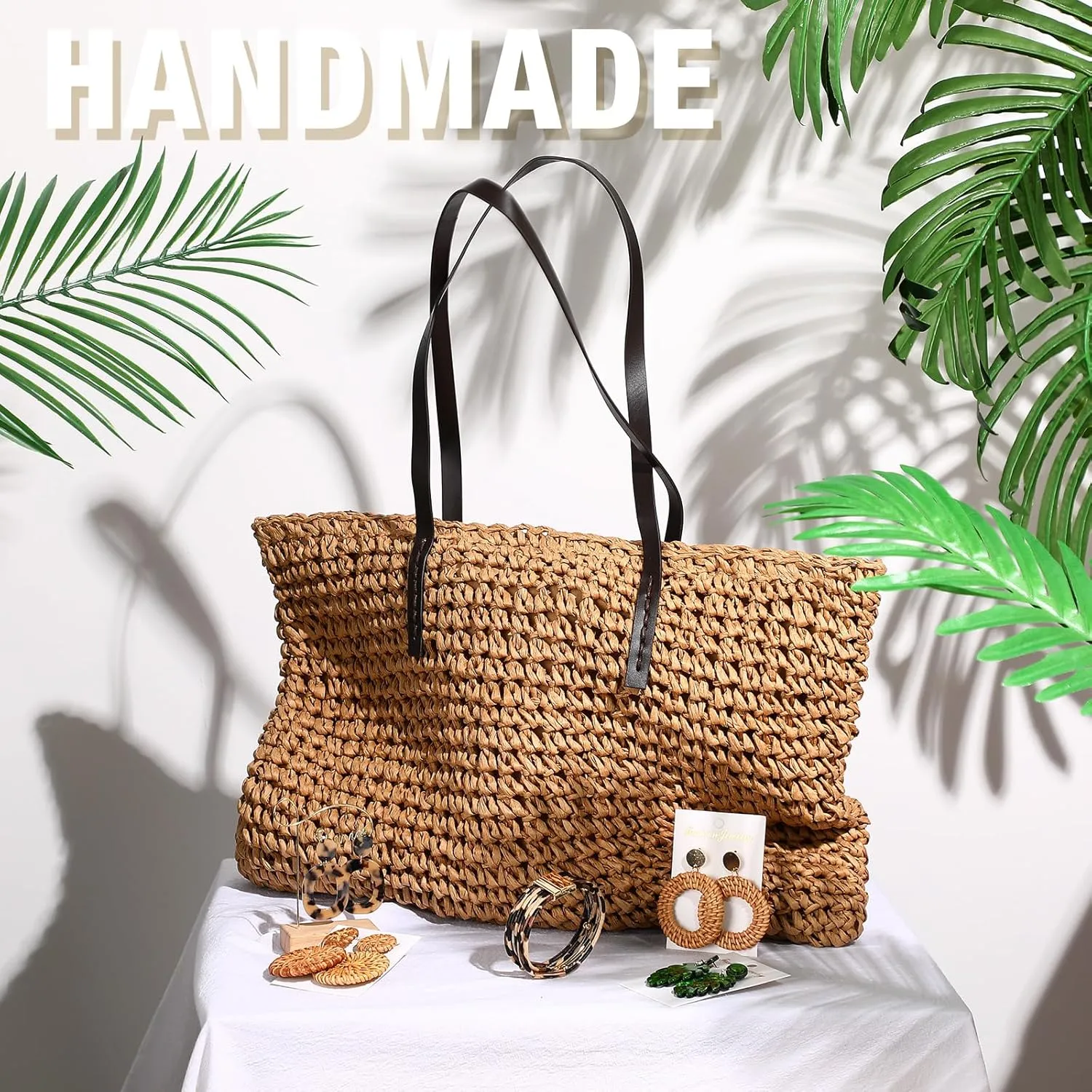 Vacation Purse Set Boho Straw Shoulder Bag Women Crossbody Beach Purse with 4 Rattan Tropical Earrings Leopard Bracelet