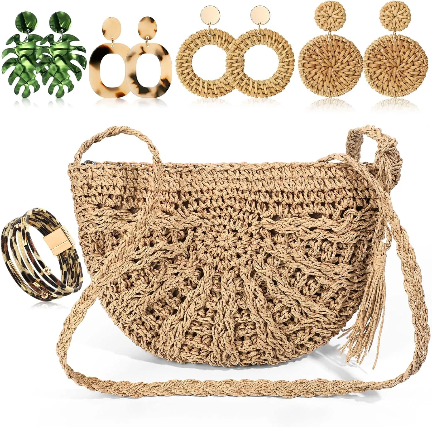 Vacation Purse Set Boho Straw Shoulder Bag Women Crossbody Beach Purse with 4 Rattan Tropical Earrings Leopard Bracelet