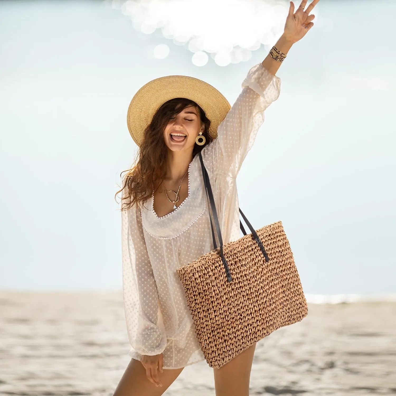 Vacation Purse Set Boho Straw Shoulder Bag Women Crossbody Beach Purse with 4 Rattan Tropical Earrings Leopard Bracelet