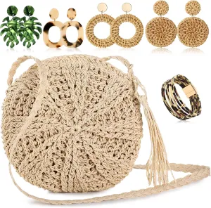 Vacation Purse Set Boho Straw Shoulder Bag Women Crossbody Beach Purse with 4 Rattan Tropical Earrings Leopard Bracelet